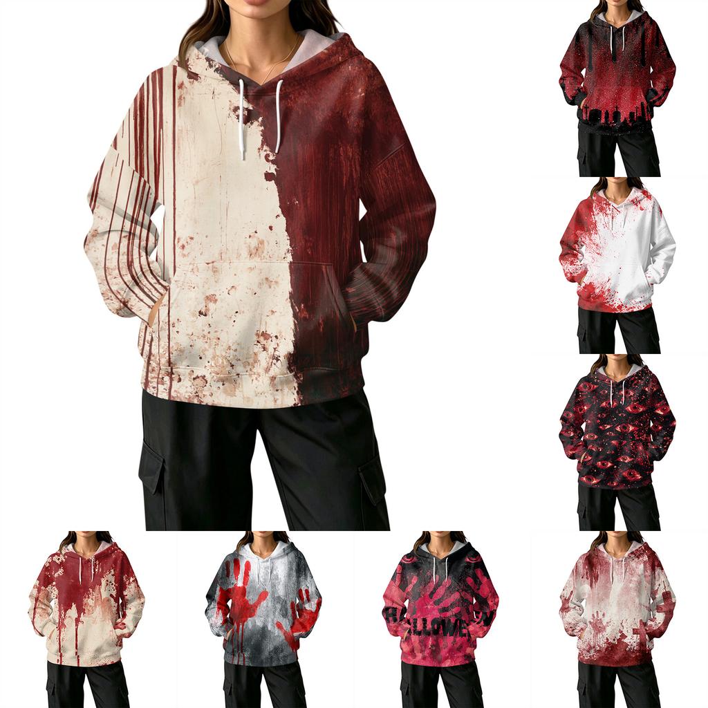 Damen Halloween Print Pullover Hoodie mit und Taschen Lässiges Langarm Top