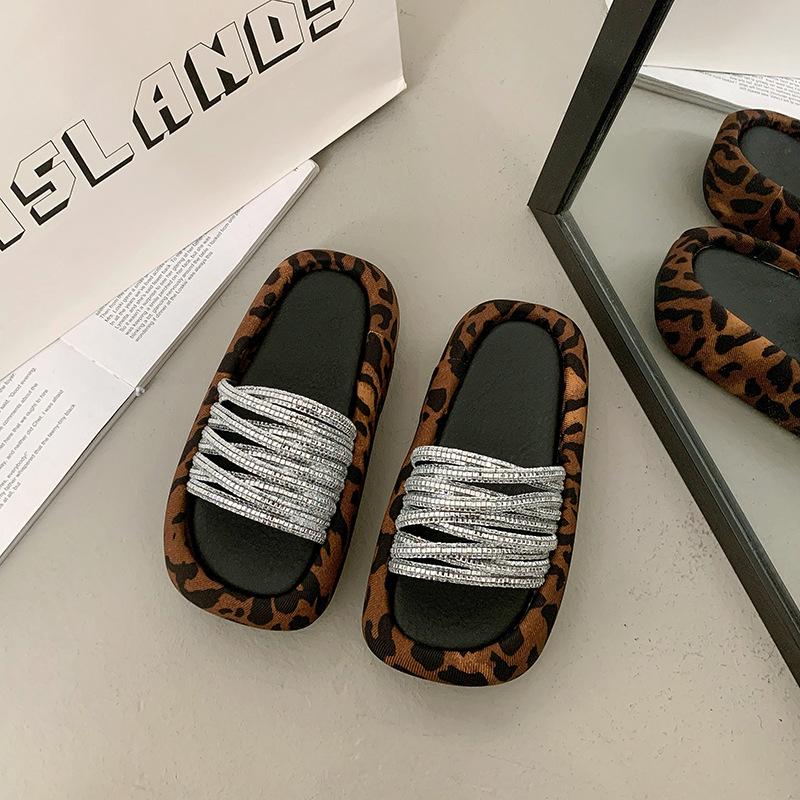 

Fashion rhinestone outer wear thick-bottomed cool slippers women s 2025 summer new high-heeled one-word drag 40 леопардовый