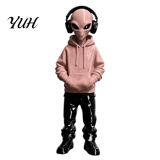 Cyber Atmosphere Interior Decor 3D Printed Alien Figurine with Hoodie And Headphone, Trendy Desktop Desk Ornament, Style Statue for Gaming Room