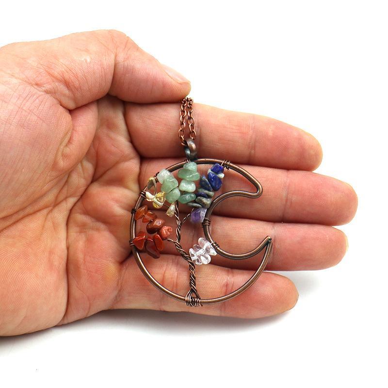 Vintage Handmade Wrapped Moon Tree Of Life Necklace Gravel Crystal Pendant N109