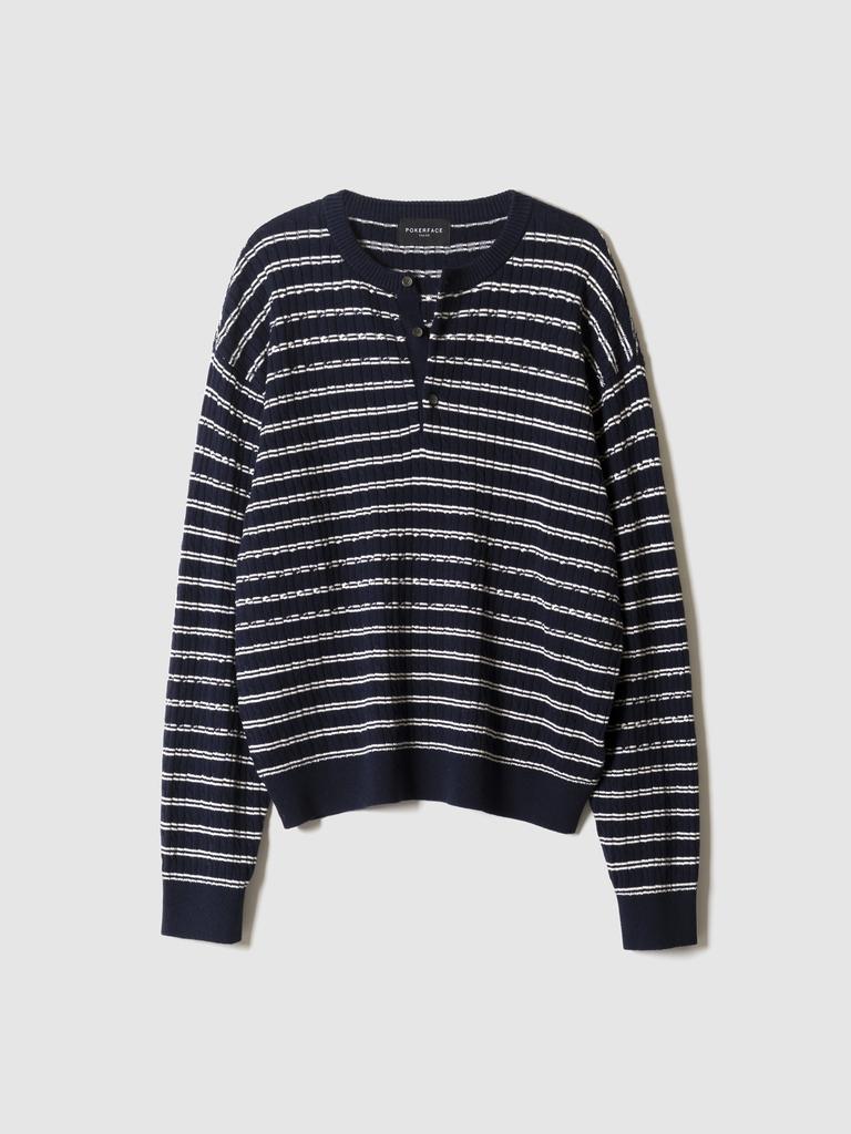 Pokeopeiseu Cable Stripe Henley Neck Knit Navy