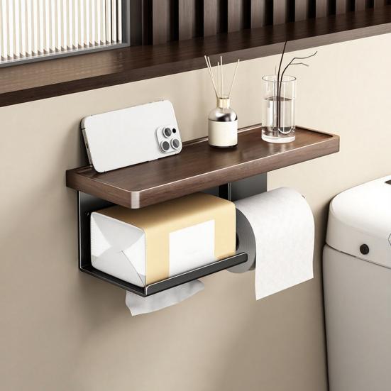 Wall Storage Rack Strong Load-Bearing Wall-Mounted Organizer with Rounded Paper Outlet Smooth Pull-Out Multifunctional Wood Metal Bathroom Shelf