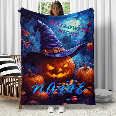 Personalized Halloween Flannel Blanket with Custom Name - Soft Polyester Fleece, Machine Washed, All Season Warm, Plain Weave