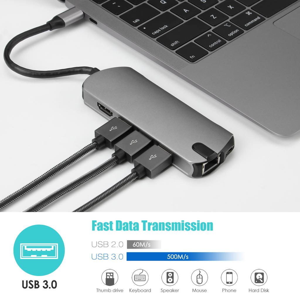 FX-1916 Type-C HUB 8 In 1 USB-C Adapter with 4K@30Hz HDMI/100W PD USB C Port/USB 3.0/RJ45 Ethernet/SD/TF Card Reader Docking Station
