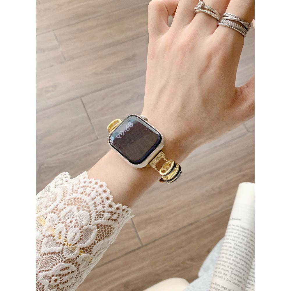 Women Metal Leather Watch Band for Apple Watch Series Ultra 11/10/9/8/7 SE Splice Leather Strap for 38 40/41/42/44/45/46/49mm Replacement Bracelet