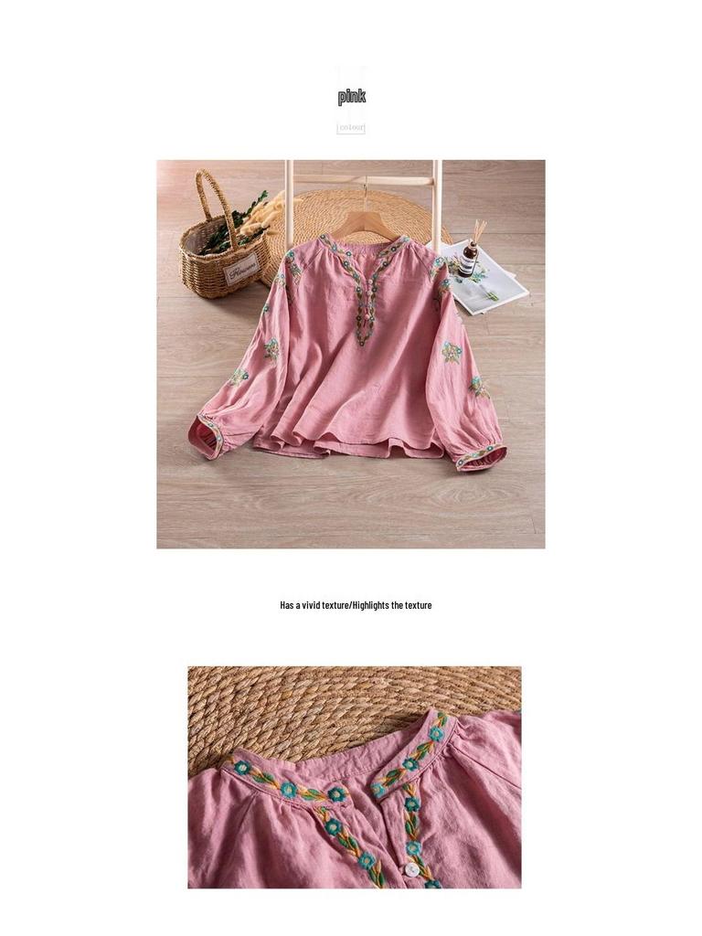 Damen Retro Bestickte V-Ausschnitt Baumwolle Leinen Bluse