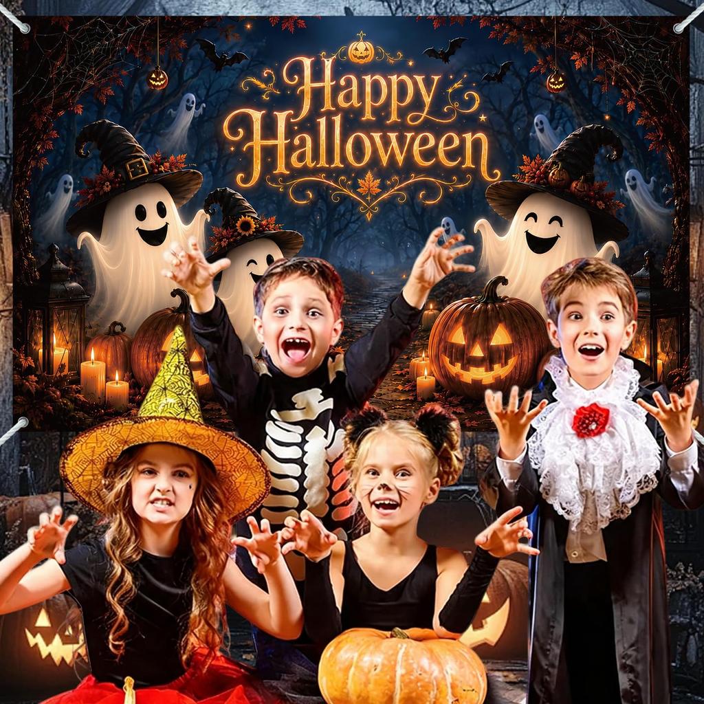 333. Halloween Happy Birthday Backdrop Banner Cute Ghost Theme Party Decoration