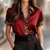 Women Satin Shirt Short Sleeve Button Down Blouse with Leopard Print Contrast Collar and Cuffs Casual Office Top for Work Daily Wear