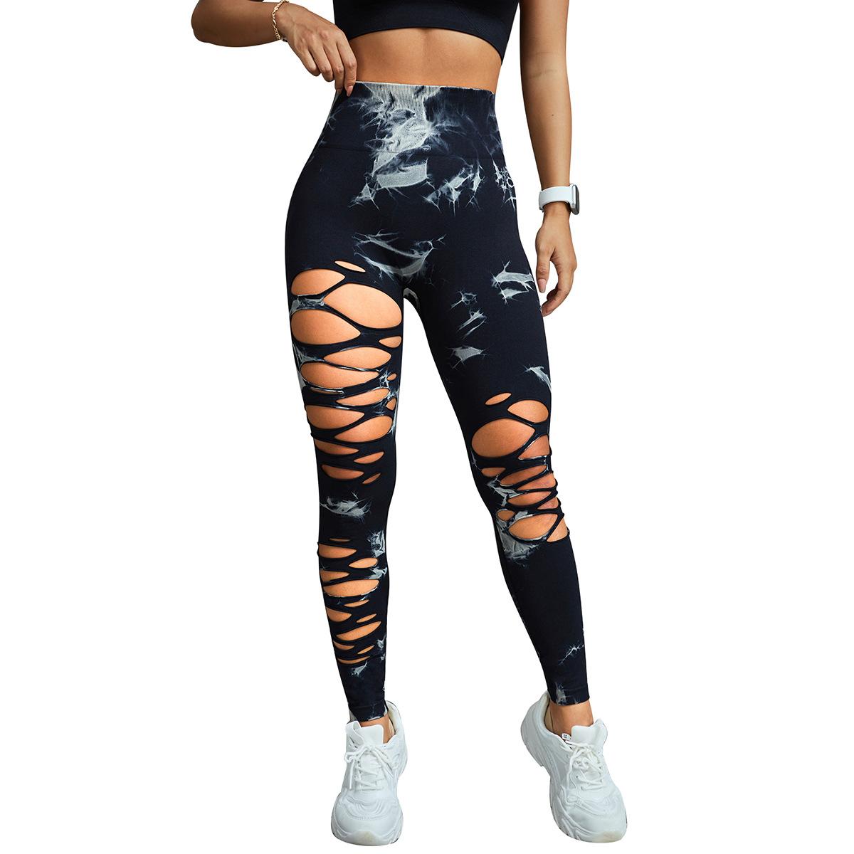 

European and American tie-dye ripped yoga pants, sexy hip-lifting hollow sports leggings, women s high-waisted peach hip yoga trousers S