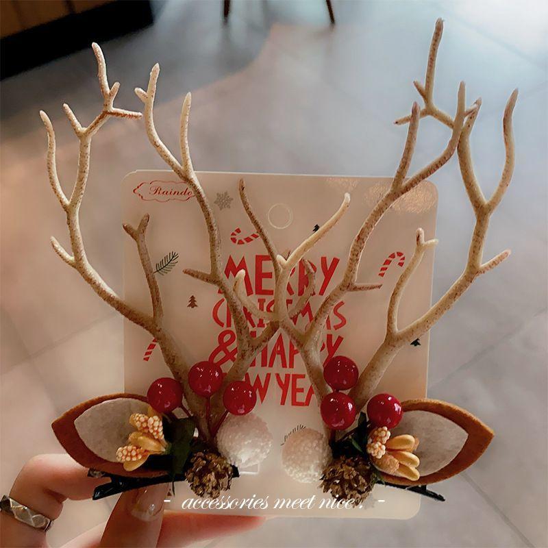 

Рождественские заколки для волос в виде оленя для женщин, Повязка на голову с рогами лесного эльфа, Пушистые парные заколки для фото, Рождественские подарочные аксессуары Christmas - Card Branch White Ball Pair