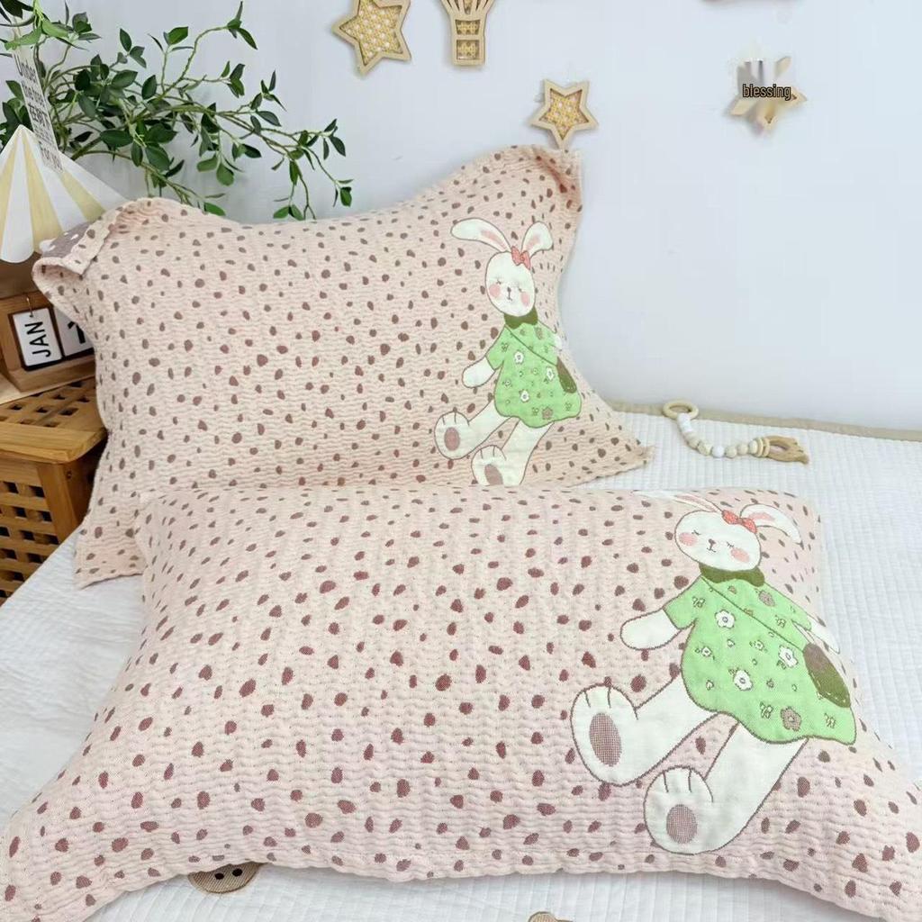 Cartoon Cotton Gauze Pillowcase Set: Soft, Breathable, Sweat-Absorbent Pillow Covers.