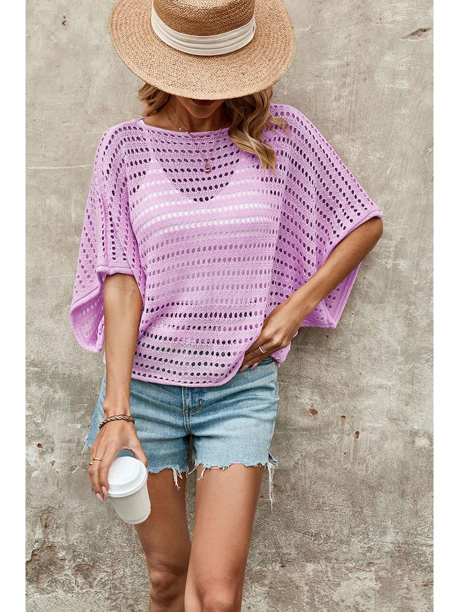 

2025 Spring/Summer Women s Round Neck Hollow Knit Sweater - Short-Sleeved, European & American Style Large фіолетовий