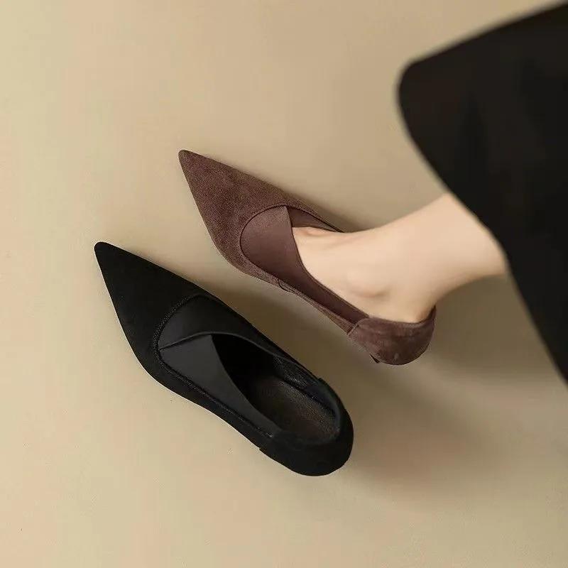Women's Thin Heel Shoes Autumn New Pointed Mid-mouth Suede Slip-on Low-top Shoes with Anti-slip and Wear-resistant Temperament