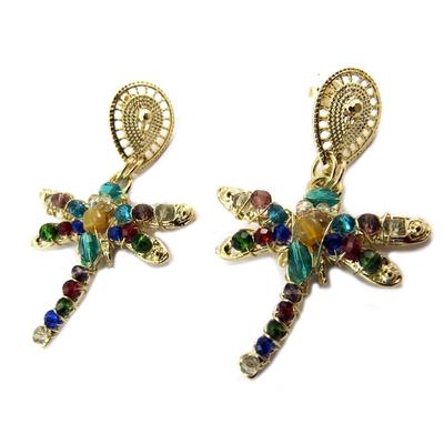 [P4026] - Pendientes artesanales chapados en oro 'Brasilia' multicolor dorado (libélulas) - 50x33 mm