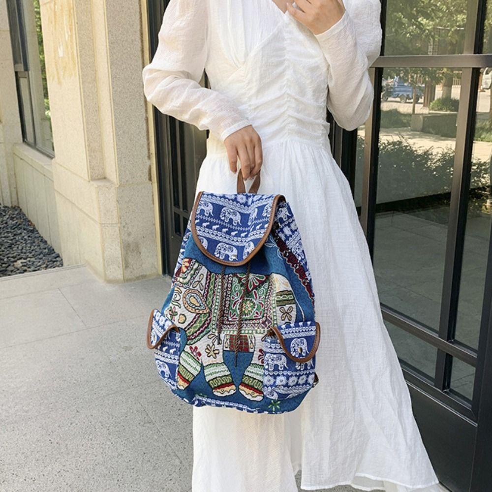 Jacquard Ethnic Style Backpack Bohemian Casual Shoulder Bag Elephant Embroidery Knapsack Lady