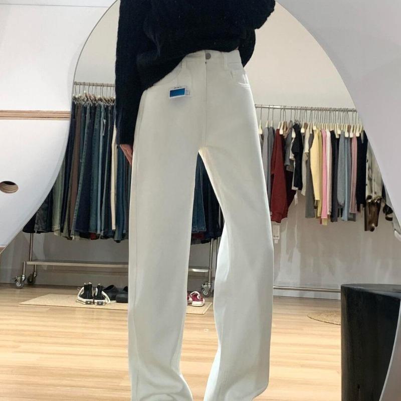 Jeans bianchi a gamba dritta foderati in pile e spessi per donna, invernali, a vita alta, per corpo a pera sottile, a gamba larga