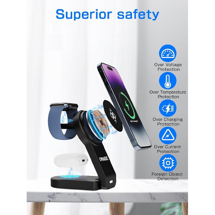 2025 Magnetic 3 in 1 Wireless Charger, Mag-Safe Charger Stand Wireless Charging Station for Apple iPhone 16/15/14/13/12 Series, for Apple Watch and