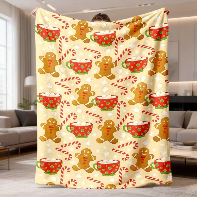 Gingerbread Man Candy Cane Xmas Blanket Warm Soft Blanket for Sofa Bed Cute Christmas Home Decor Holiday Blanket