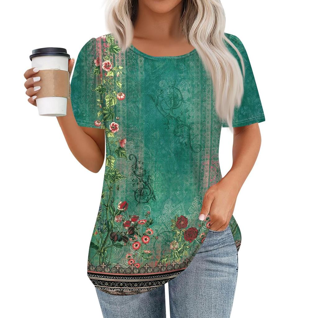 Women's Casual Short Sleeve Button Floral 3D Print Round Neck Top T-Shirt