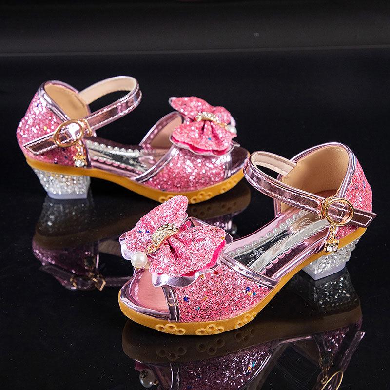 Girls Sandals Summer Children's Princess Shoes Little Girls High-heeled Bow-knot Crystal Sandals Party Dress Wedding