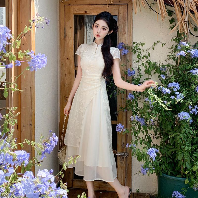 High-quality summer new new Chinese style modified qipao dress for women, elegant waist-cinching slimming patchwork dress
