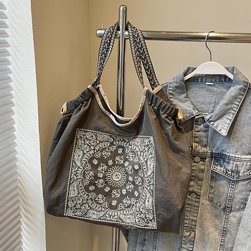 

Yogodlns Женская модная сумка через плечо из нейлона с вышитым цветком кешью, повседневная сумка-тоут из полиэстера с подкладкой без застежки 44x9x37cm серый