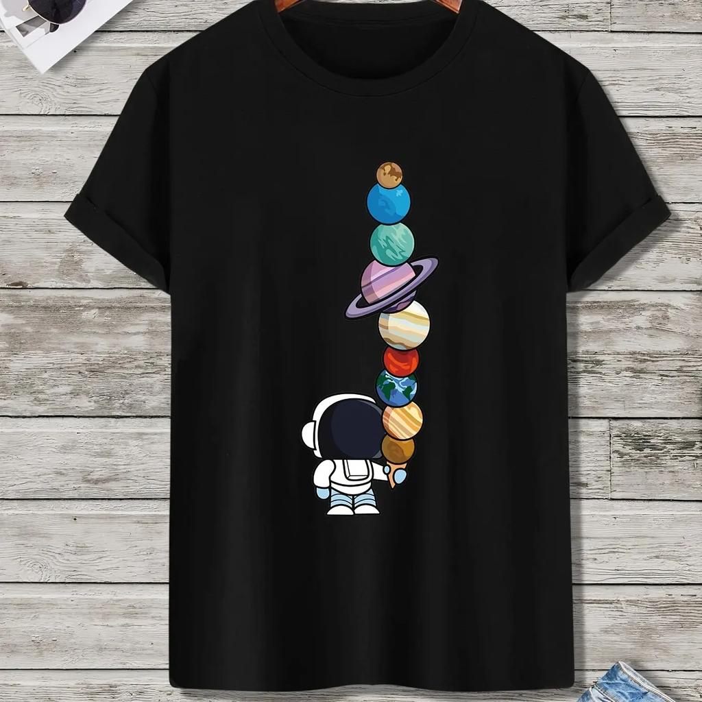 Summer New Men's T-shirt 100% cotton cartoon Astronaut Planet print loose large casual crew neck short sleeve T-shirt