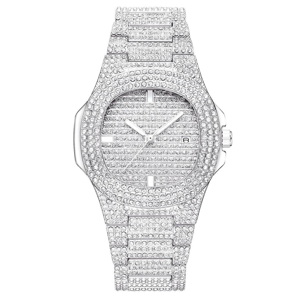 Damen Diamantbesetzte Goldene Mode Quadratische Uhr mit Strass-Kalender & Stahlband