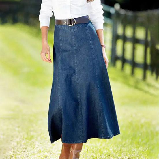 Denim Midi Skirt High Waist Large Hem Slimming Design Midi Skirt Solid Color Office