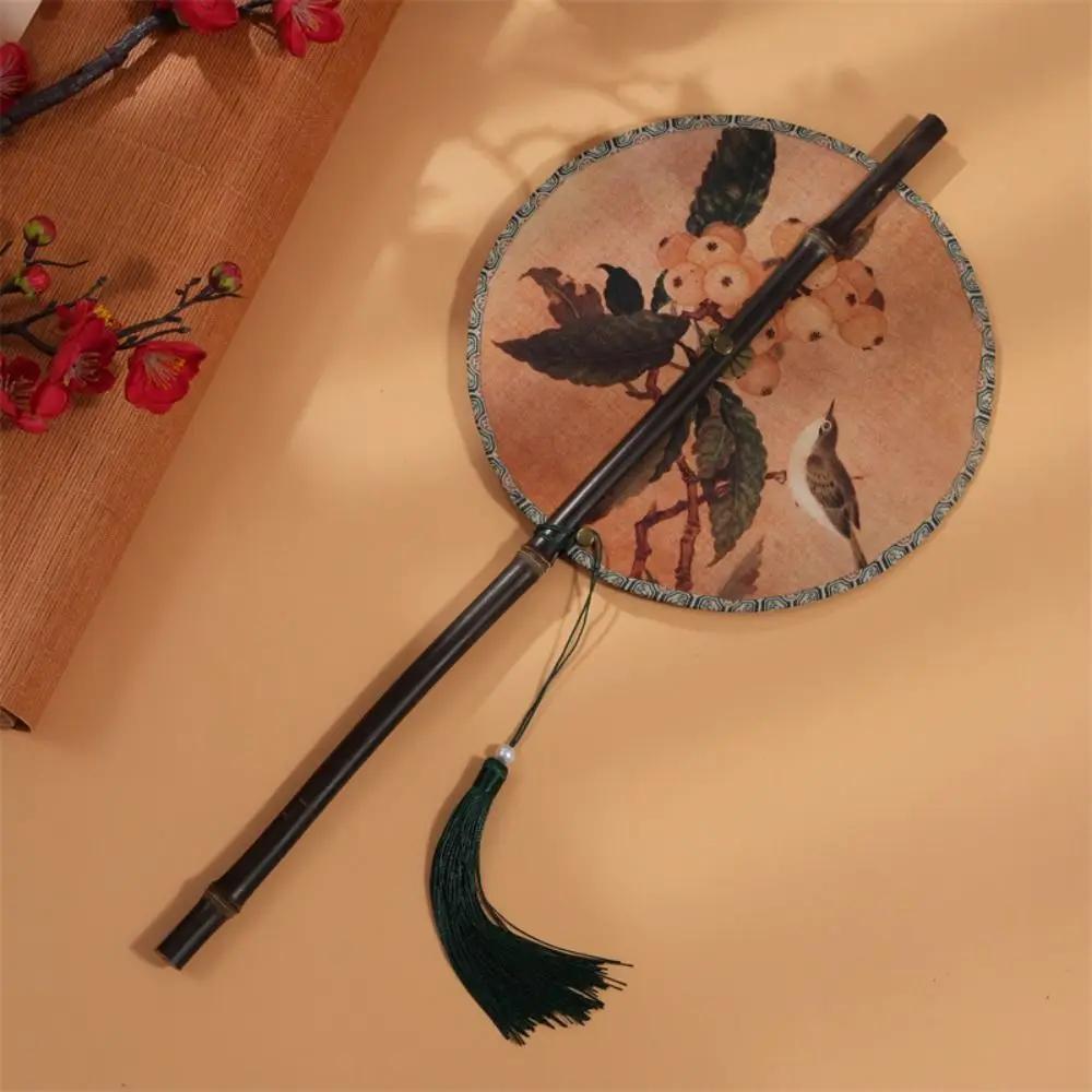 Retro Ancient Style Chinese Bamboo Waist Fan Rollable Foldable Long Handle Fan Decorative Cooling Group Fan Hanfu