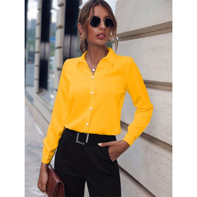Chemise Femme Tempérament Décontractée Ample Confortable Bouton Revers Mode Chemise Couleur Unie Manches Longues Chemise de Bureau Femme