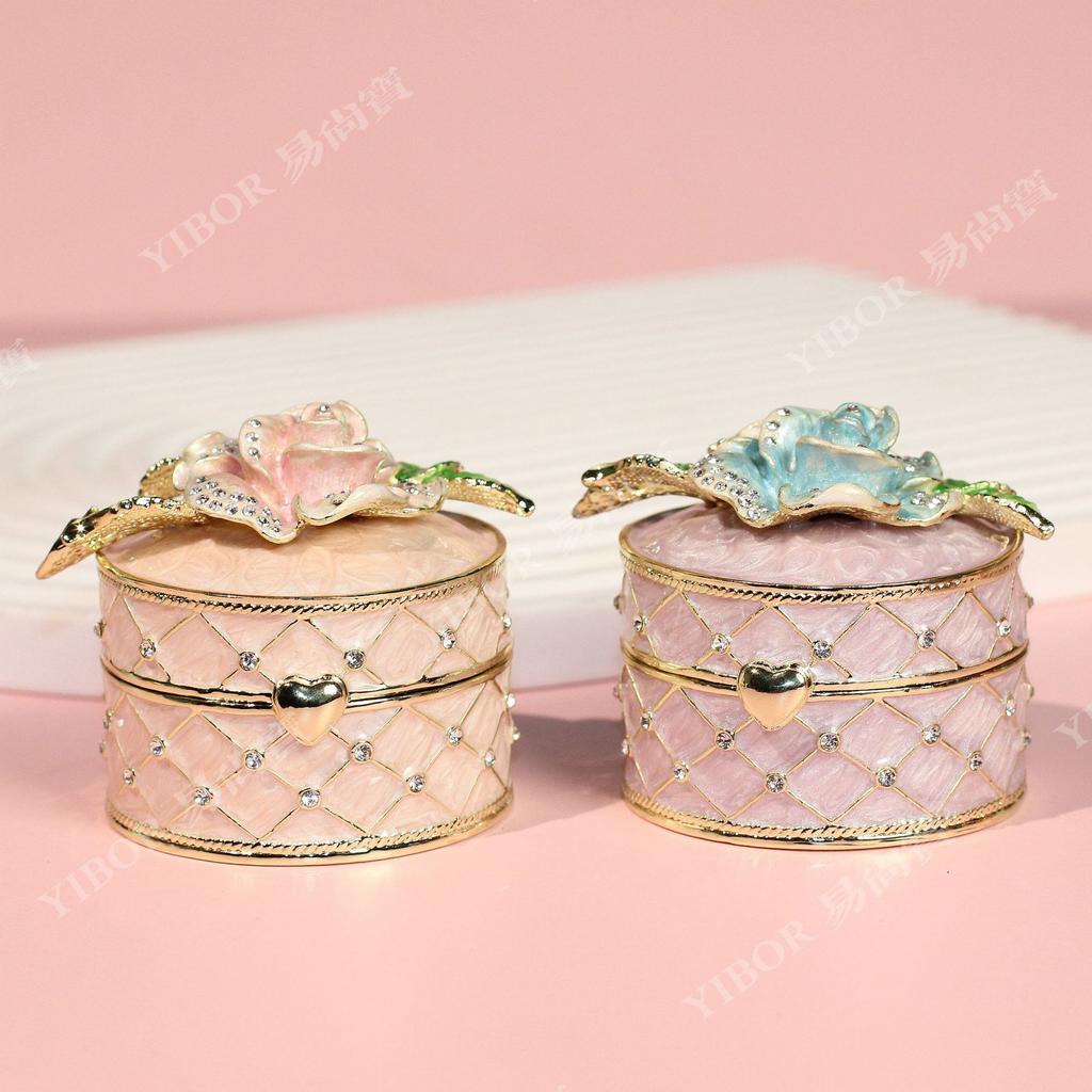 Enamel Rose Flower Jewelry Box, Alloy Light Luxury Ring Holder, Fashion Handicraft Storage Box for Earrings & Necklaces