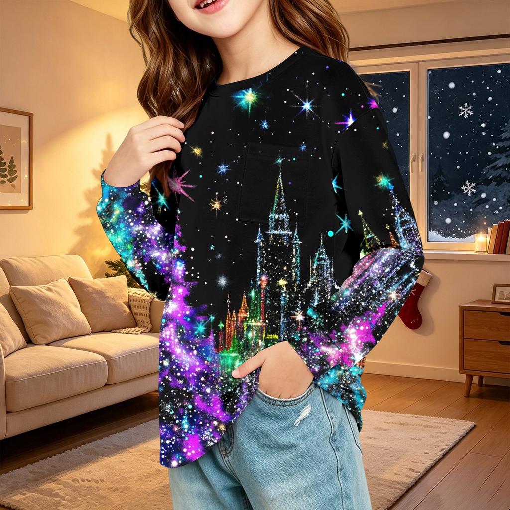 Children's Christmas Print Long Sleeve Neck Shirt with Pocket for Boys and Girls