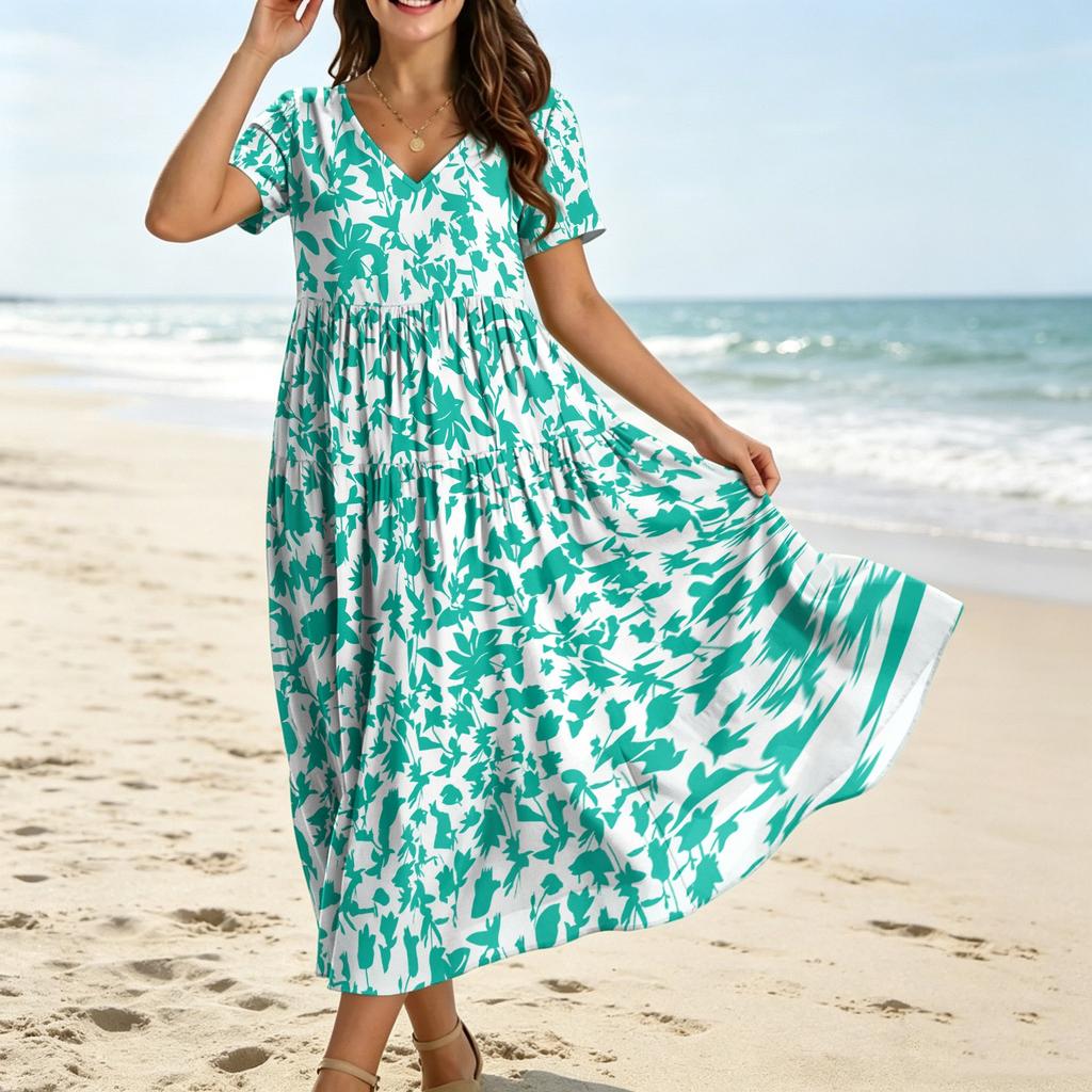 Women’s Casual Loose Fit Bohemian Style Short Sleeve V Neck Printed Maxi Dress for Summer and Spring Outings and Daily Wear