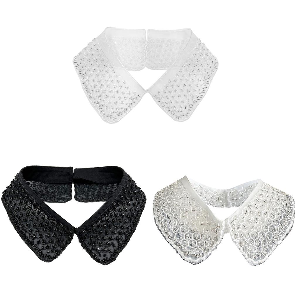 Elegant Embroidery Beaded False Collar Necklace for Women Detachable Lapel Blouse Faux Collar Choker Clothing Accessory