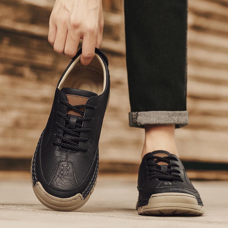 2025 Autumn Men's Breathable Leather Moccasins: Soft Sole, Hand-stitched, Low-top, Lace-up Casual Driving Shoes