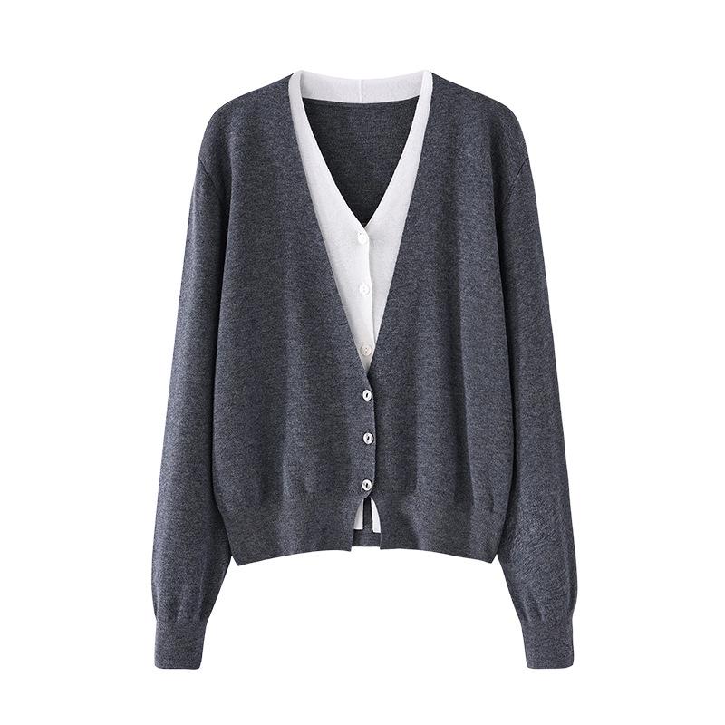 Lekasha Cashmere26 High-Quality Faux Wool Skin-Feel Knit Cardigan with Faux Two-Piece Design