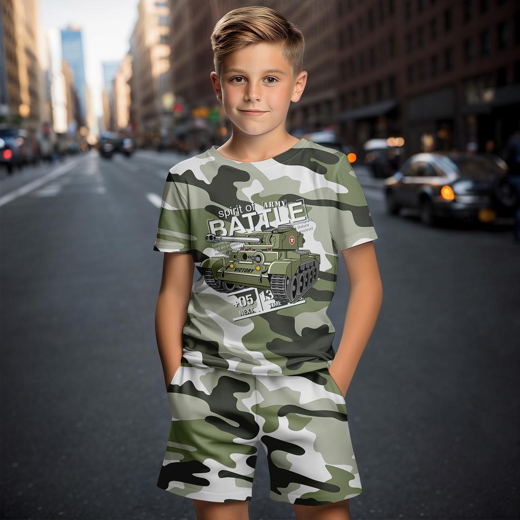 Summer Round Neck 3D Camouflage Printed Set Fashionable and Casual Short Sleeved Shorts Children's Boy Clothing Sets