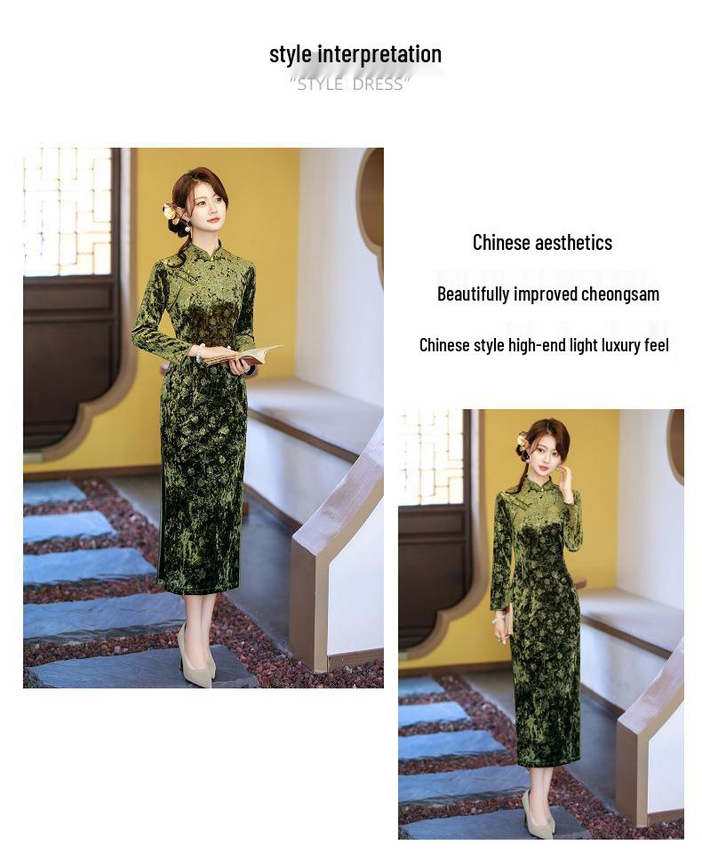 Green Plus Velvet Diamond Jacquard Cheongsam: Elegant, Retro, Mid-length Dress In New Chinese National Style for Middle-aged Women.