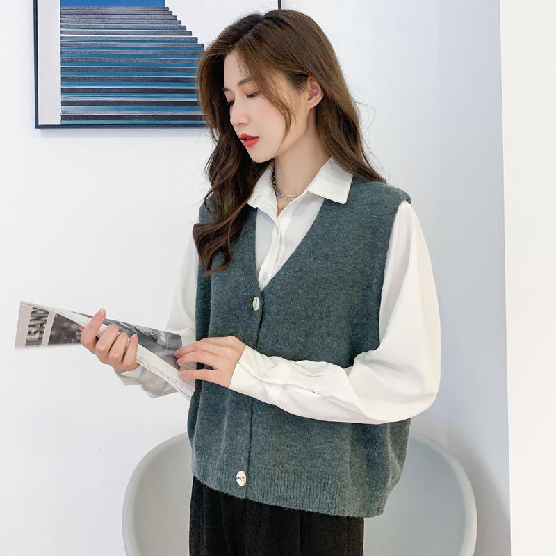

2026 Spring/Autumn Women s V-Neck Knit Cardigan Vest - Button-Up Wool Shawl Jacket M [Recommended weight 105-120 lbs] хизер серый