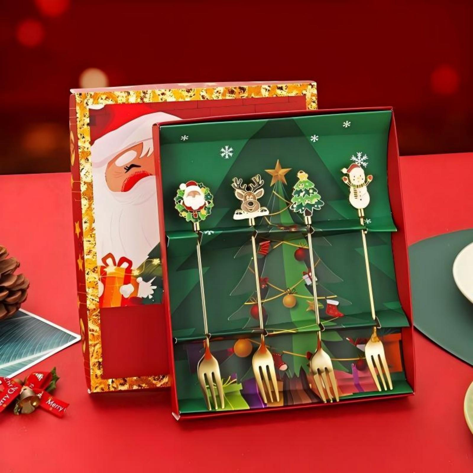 

Подарочная коробка для рождественских столовых приборов, набор ложек и вилок из нержавеющей стали 304, десертные ложки и вилки, рождественский подарок. One Size