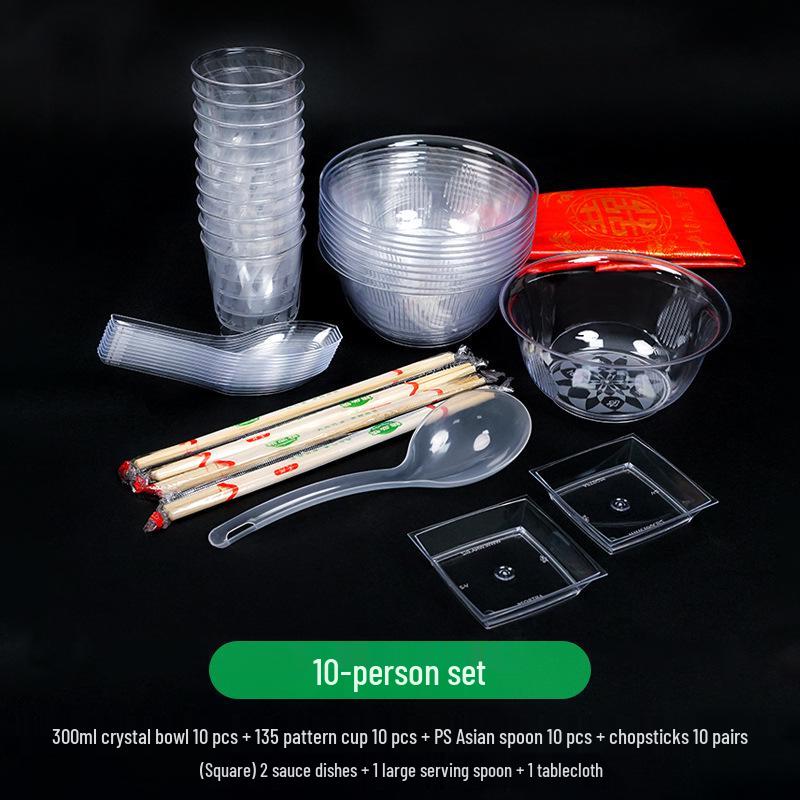 300ml Disposable Crystal Clear Plastic Bowl, Chopsticks, Cups, Plates & Cutlery Set for Hot Pot, Soup, Rice.