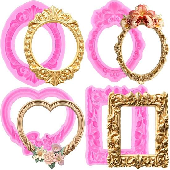 Mujiang Photo Frame Fondant Molds Picture Frames Silicone Mold Vintage Frame Molds For Cake Decorating Cupcake Topper Chocolate Candy Polymer Clay