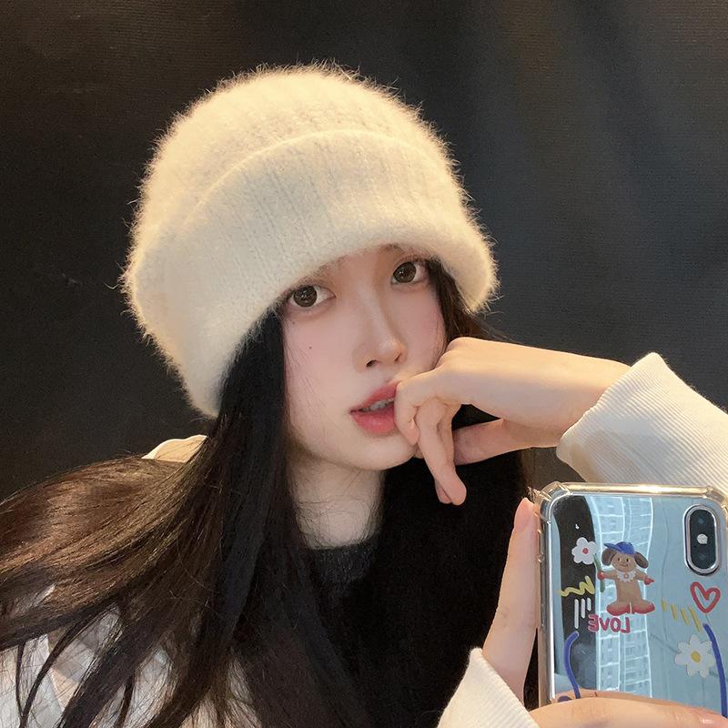 White wool hat showing face little rabbit fur female winter warm plush pile cold hat big head circumference knitted hat
