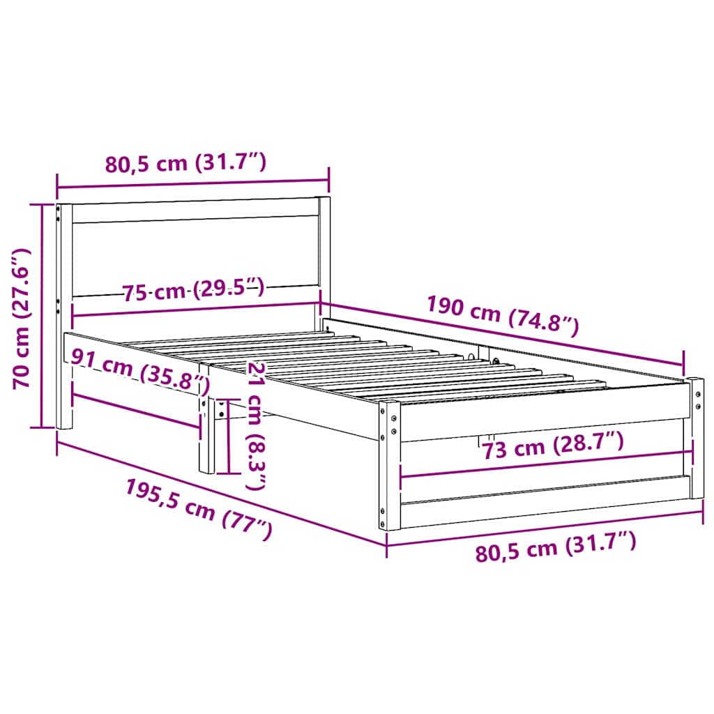 Natural Pine Wood Bed Frame with Headboard 75 X 190 Cm