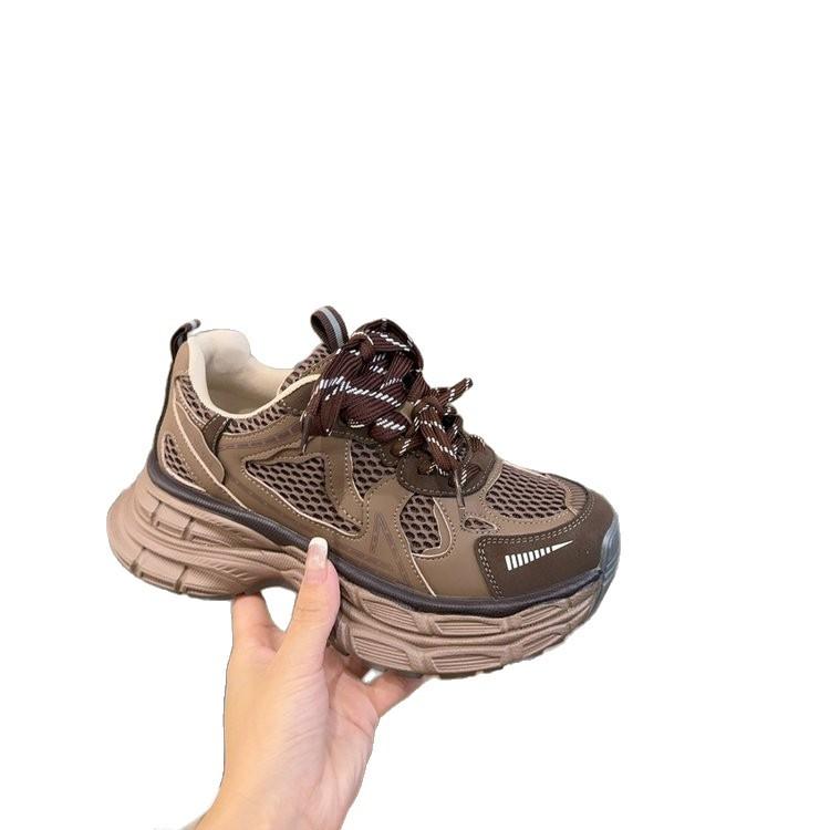 Platform Leather Mesh Dad Shoes Girl 2025 Autumn European Station New Breathable Casual Niche Retro Sneakers