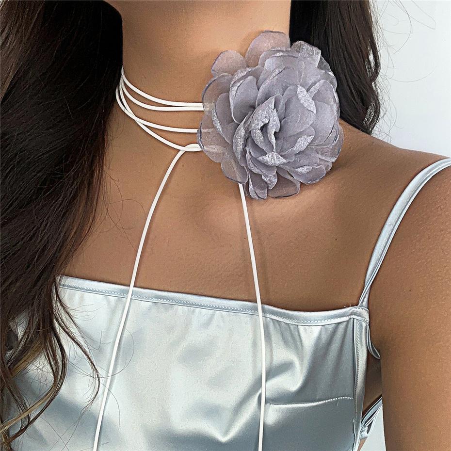 Ingemark Overdreven Stor Rose Blomst Choker Halskjede for Kvinner Wed Brude Goth Kpop Justerbar Sløyfeknute Kjede Y2K Tilbehør Nytt