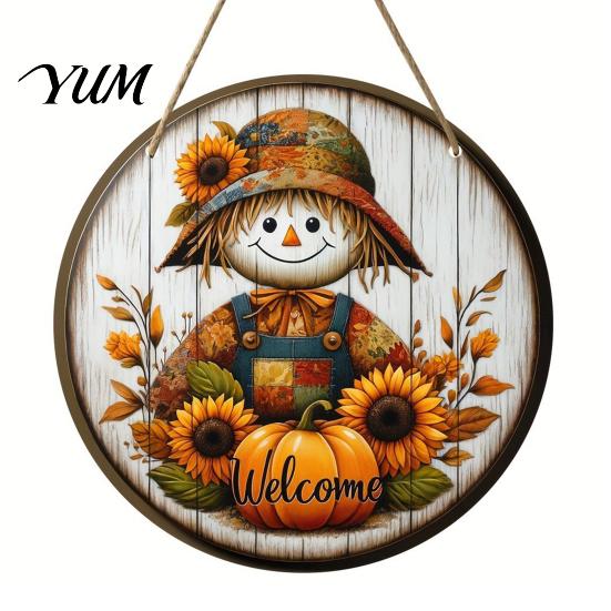 Autumn Theme Hanging Decoration Harvest Festival Welcome Sign for Front Door, Rustic Wooden Wheat Ear Ornament with Hemp Rope, Pumpkin Plaque