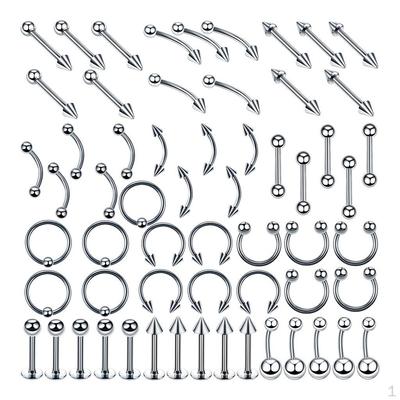 60-Piece Stainless Steel Nose Lip Jewelry Set, Elegant Design
