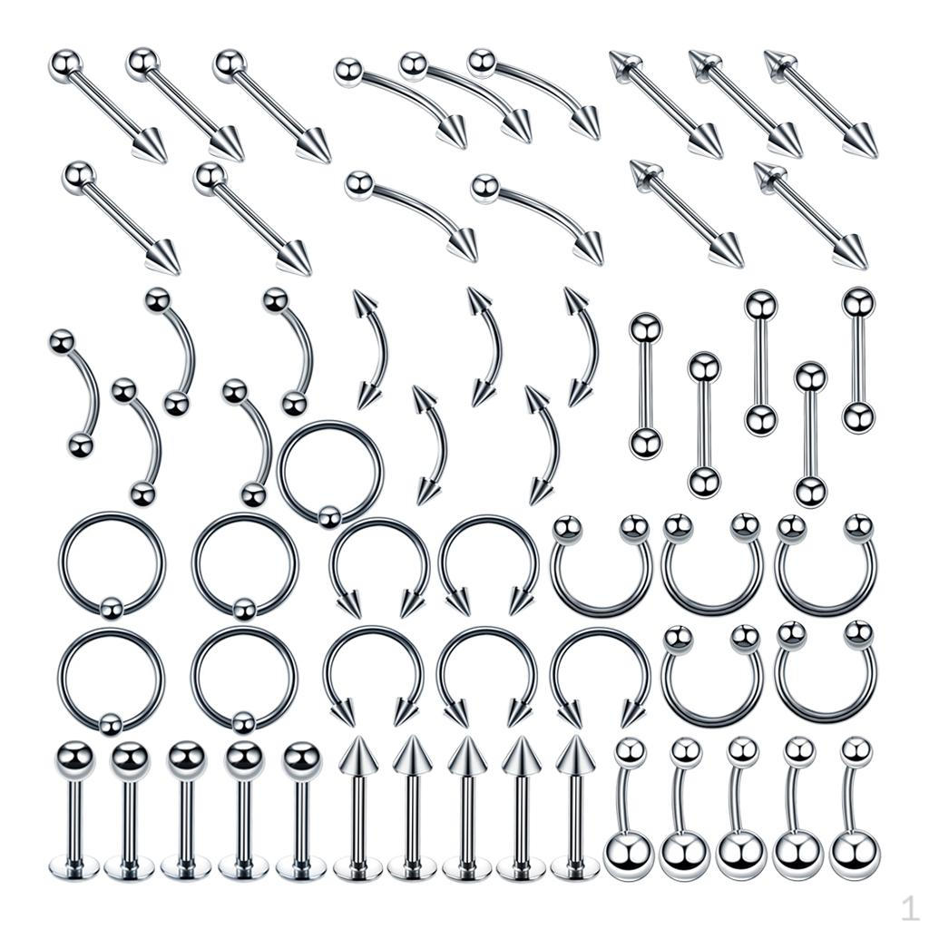 60-Piece Stainless Steel Nose Lip Jewelry Set, Elegant Design
